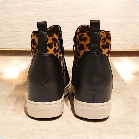 Leopard Print Side-Zip Wedge Sneakers For Women Faux Leather Upper Rubber Sole - Picture 5 of 10